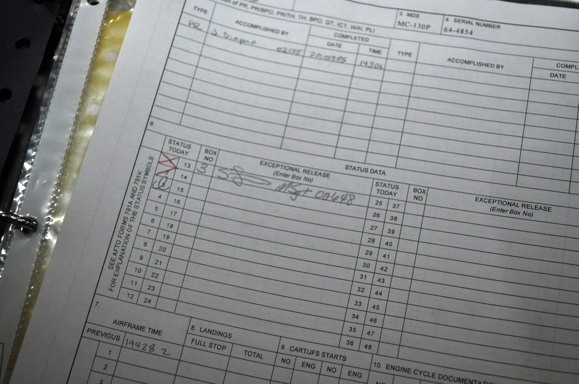 RAF MILDENHALL, England -- A red “X” in the status box denotes that there are discrepancies significant enough to ground an aircraft. A red “/” denotes discrepancies that are not significant enough to ground the aircraft. If there are zero discrepancies of any kind, the form is reviewed and annotated with the initial of the crew chief on duty— this is known as a “black-letter initial.” Most crew chiefs go their entire careers without this ever happening, but Staff Sgt. Julian Siapno, 352nd Special Operations Maintenance Squadron Dedicated Crew Chief, and his assistant DCCs Senior Airmen Thomas Gillen and Eric Irizarry, accomplished a black-letter-initial flight July 6, 2011, on tail number 64-4854, a 47-year-old MC-130P Combat Shadow. (U.S. Air Force photo/Tech. Sgt. Marelise Wood)