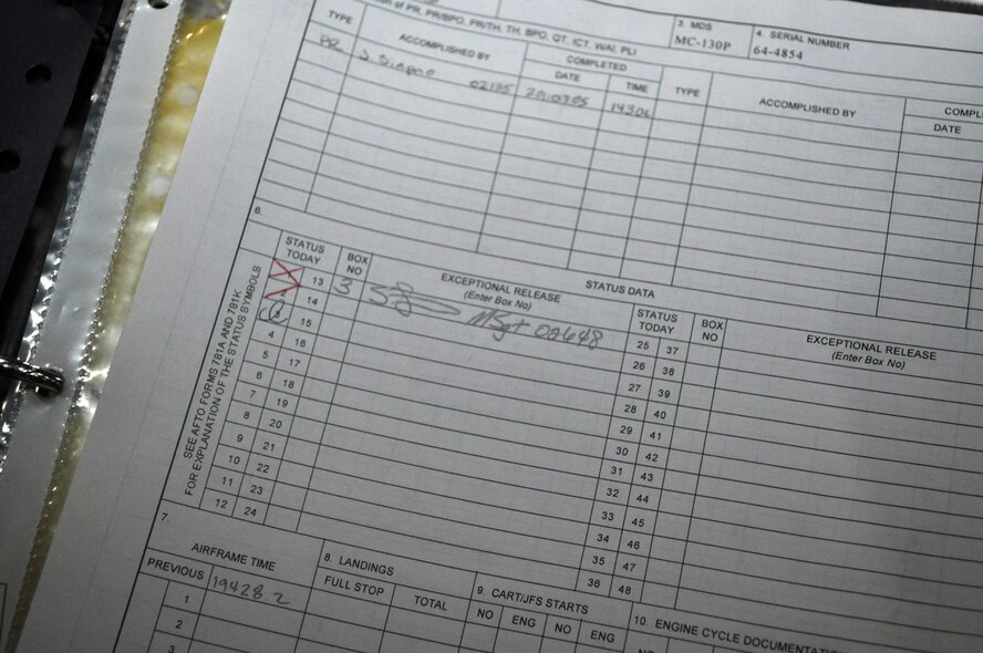 RAF MILDENHALL, England -- A red “X” in the status box denotes that there are discrepancies significant enough to ground an aircraft. A red “/” denotes discrepancies that are not significant enough to ground the aircraft. If there are zero discrepancies of any kind, the form is reviewed and annotated with the initial of the crew chief on duty— this is known as a “black-letter initial.” Most crew chiefs go their entire careers without this ever happening, but Staff Sgt. Julian Siapno, 352nd Special Operations Maintenance Squadron Dedicated Crew Chief, and his assistant DCCs Senior Airmen Thomas Gillen and Eric Irizarry, accomplished a black-letter-initial flight July 6, 2011, on tail number 64-4854, a 47-year-old MC-130P Combat Shadow. (U.S. Air Force photo/Tech. Sgt. Marelise Wood)
