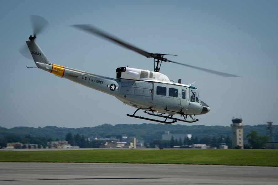 YOKOTA AIR BASE, Japan -- A UH-1N Iroquois helicopter takes off from Yokota Air Base, Japan, July 15, 2011. (U.S. Air Force photo/Staff Sgt. Samuel Morse)
