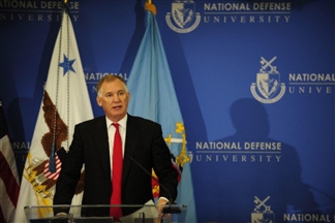 Deputy Secretary of Defense William J. Lynn III announces the Department of Defense Strategy for Operating in Cyberspace at National Defense University, Fort Lesley J. McNair, Washington, D.C., on July 14, 2011.  