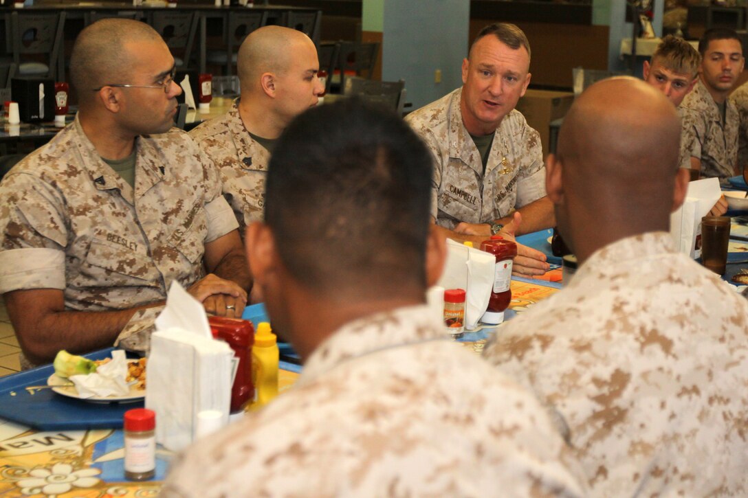 Col. Scott D. Campbell, commanding officer, 15th Marine Expeditionary Unit, talks to noncommissioned officers (NCO) and petty officers (PO) of the MEU about leadership, mentoring, and other topics during a NCO and PO breakfast at the mess hall on Camp Del Mar July 15, 2011. Campbell had an open discussion on various topics that may affect a NCO and PO’s day-to-day life at the 15th MEU.