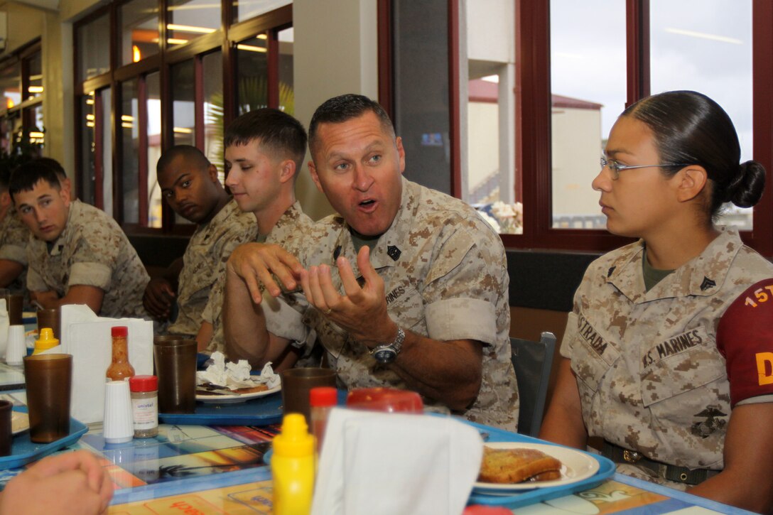 Sgt. Maj. Richard D. Cunningham, sergeant major, 15th Marine Expeditionary Unit, talks to noncommissioned officers (NCO) and petty officers (PO) of the MEU about leadership, mentoring, and other topics during a NCO and PO breakfast at the mess hall on Camp Del Mar, July 15. Cunningham shared some situations that have affected him during his career as a Marine and some possible solutions NCO’s and PO’s at the 15th MEU can utilize when leading their troops.