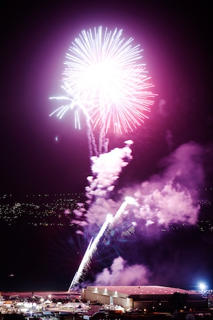 A barrage of colorful fireworks light up BayFest 2011 at Hangar 101 on Marine Corps Base Hawaii, July 15, 2011. Celebrating its 22nd year as Hawaii’s largest summer music festival, the three-day event — sponsored by Marine Corps Community Services — opened the base’s gates to the local community, featuring concerts by Cecilio and Kapono, Hoobastank, Puddle of Mudd and Joe Nichols, in addition to contests, carnival rides, food booths and military static displays.