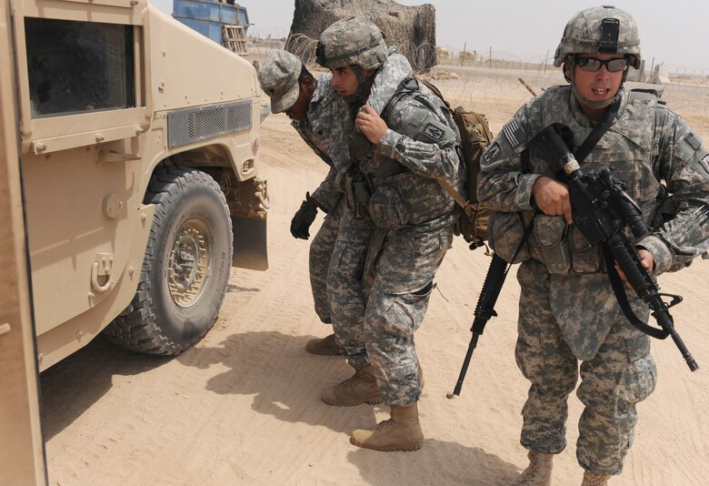 Soldiers from a quick reaction force at the 3rd Battalion, 4th Air Defense Artillery Regiment conducted a joint training exercise alongside the 380th Civil Engineer Squadron, July 15, 2011, to learn how to effectively work together during an emergency situation. (U.S. Air Force photo/Master Sgt. Chance Babin)