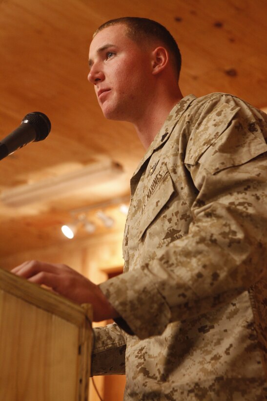 Cpl. William Alder, a crew chief with Marine Medium Tiltrotor Squadron 264, and a native of Flintstone, Md., speaks at the Regional Command Southwest Memorial Chapel on Camp Leatherneck, during a memorial ceremony honoring the life and service of Staff Sgt. Thomas J. Dudley, July 18. Dudley fell to his death from an MV-22 Osprey while conducting combat operations in southwestern Afghanistan, July 7. “He was a great man, he was the kind of guy who would do anything to help someone,” said Alder. “He will always be with us. He taught and led all of us and because of that he will live on with us.”