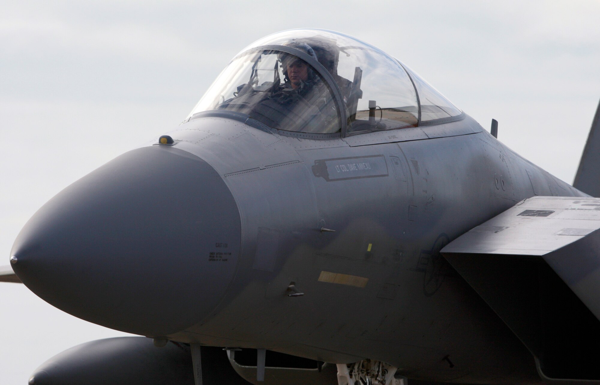 An F-15C Eagle pilot from the United States Air Force's 44th Fighter Squadron initiates shut down procedures at RAAF Base Darwin after an afternoon familiarisation sortie as part of the lead up to Exercise Talisman Sabre 2011. 
 
RAAF Base Darwin is hosting six F-15C Eagle fighter jets from the United States Air Force 44th Fighter Squadron for Exercise Talisman Sabre 2011. The Eagles, based at Kadena Air Base in Okinawa, Japan, are being supported by technicians from the 18th Maintenance Squadron, also from Kadena. These aircraft are conducting missions over training areas in the Northern Territory with a mix of United States Air Force, Navy, and Royal Australian Air Force aircraft.