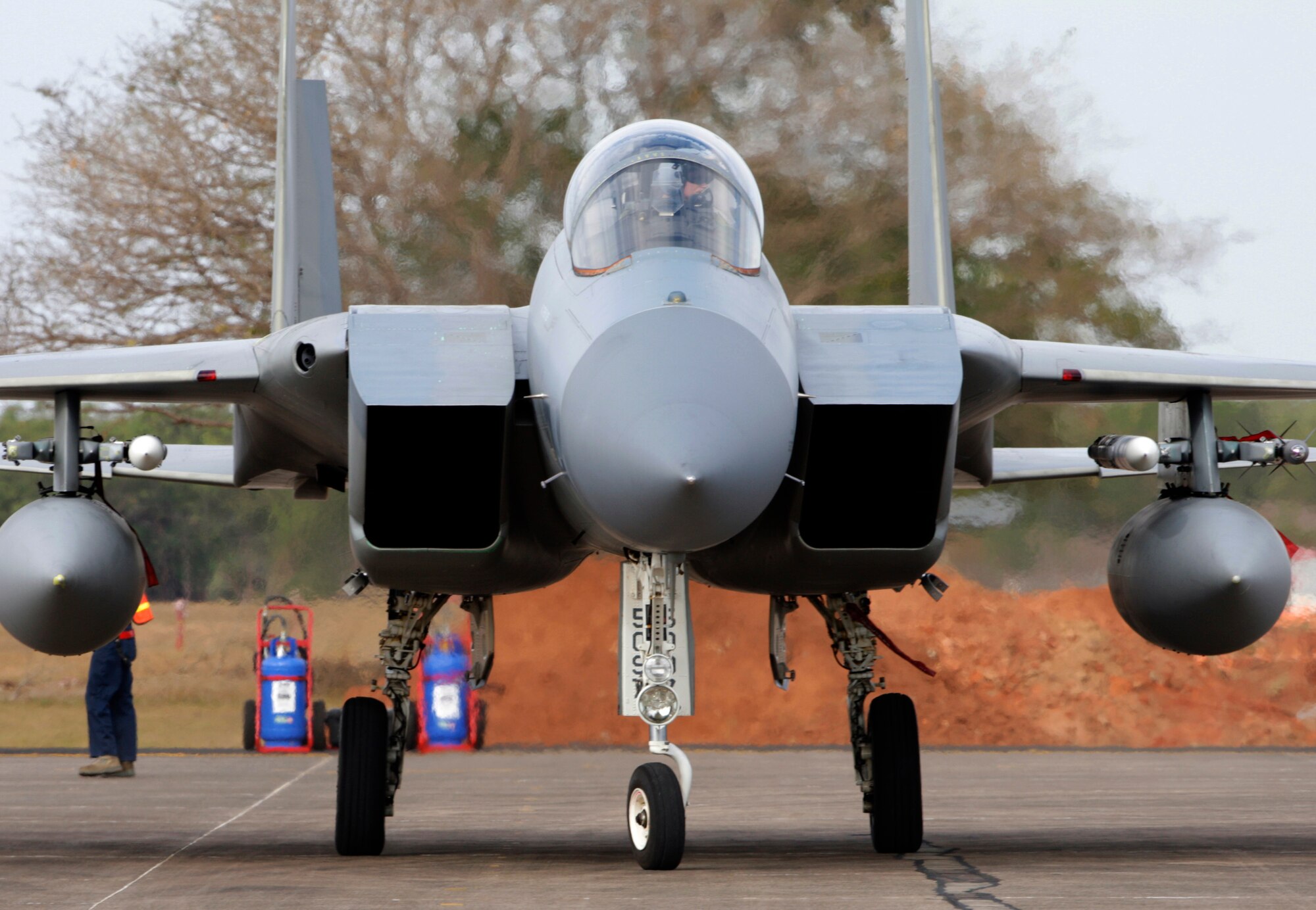 An F-15C Eagle from the United States Air Force's 44th Fighter Squadron returns to RAAF Base Darwin after an afternoon familiarisation sortie as part of the lead up to Exercise Talisman Sabre 2011. Mid Caption: RAAF Base Darwin is hosting six F-15C Eagle fighter jets from the United States Air Force?s 44th Fighter Squadron for Exercise Talisman Sabre 2011. The Eagles, based at Kadena Air Base in Okinawa, Japan, are being supported by technicians from the 18th Maintenance Squadron, also from Kadena. These aircraft are conducting missions over training areas in the Northern Territory with a mix of United States Air Force, Navy, and Royal Australian Air Force aircraft.