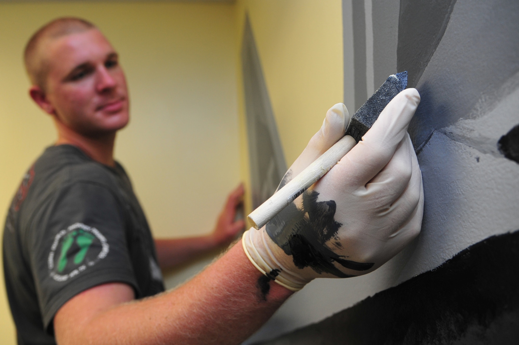Airman 1st Class Shane McNaughton, 1st Maintenance Squadron precision guided missile technician, paints an F-22 Raptor mural at Langley Air Force Base, Va., July 13, 2011. The purpose of the mural is to preserve1st Fighter Wing heritage. (U.S. Air Force photo by Airman 1st Class Camilla Griffin/Released)