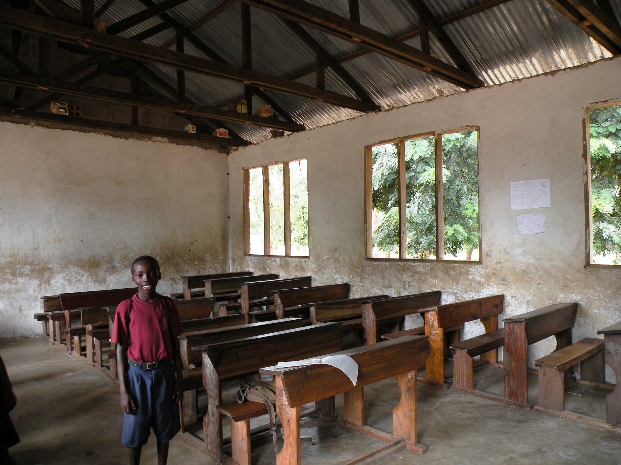 A Tanzanian boy stands inside a new school constructed west of Dar Es Salam by the Navy Seabees, or construction battalion workers. The new school is next to a Tanzanian Army base. (Photo provided)