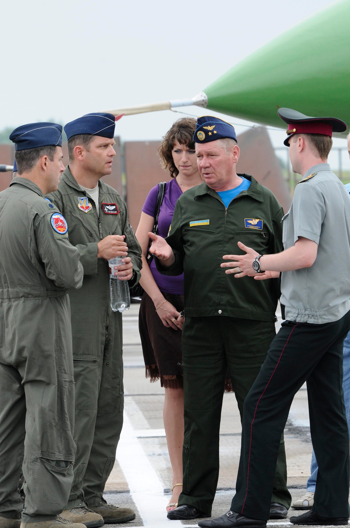 Lt. Gen. Vasyl Nikiforov, deputy commander of the Ukrainian air force, welcomes several U.S. Air National Guard pilots to Mirgorod Air Base, Ukraine; July 16, 2011, in preparation for SAFE SKIES 2011, a joint Ukraine, Poland and U.S. aerial exchange event. (U.S. Air Force photo/Tech. Sgt. Charles Vaughn)