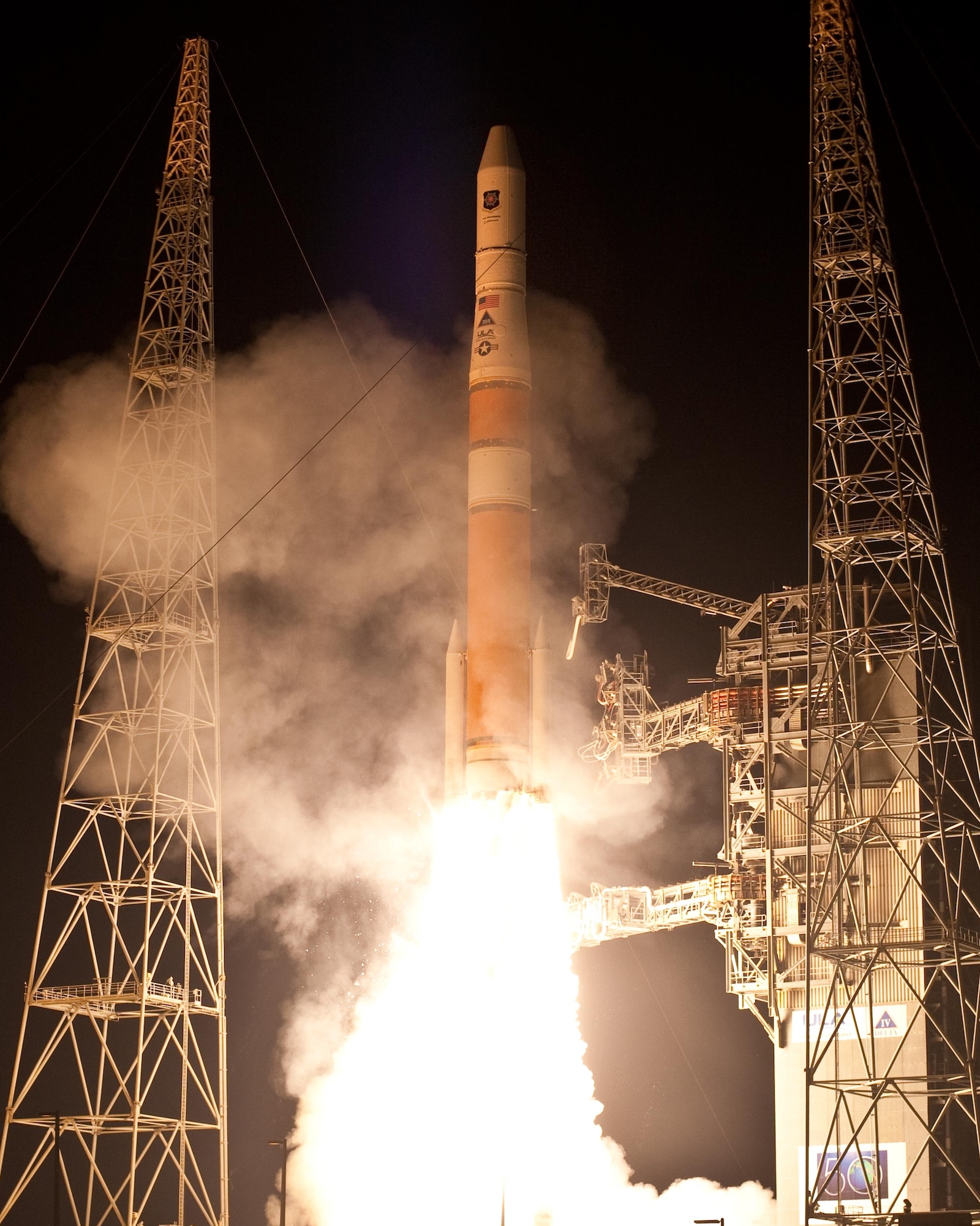 A United Launch Alliance Delta IV rocket blasts off from Space Launch Complex-37 at Cape Canaveral Air Force Station, Fla. (July 16, 2011) – 2:41 a.m. EDT with the Air Force’s Global Positioning System (GPS) IIF-2 payload. This launch marks the 50th successful GPS launch on a Delta vehicle.  GPS IIF-2 is the second in a series of next generation GPS satellites and will join a worldwide timing and navigation system utilizing 24 satellites in six different planes, with a minimum of four satellites per plane positioned in orbit approximately 11,000 miles above the earths’ surface.  The GPS IIF series provides improved accuracy and enhanced performance for GPS users.