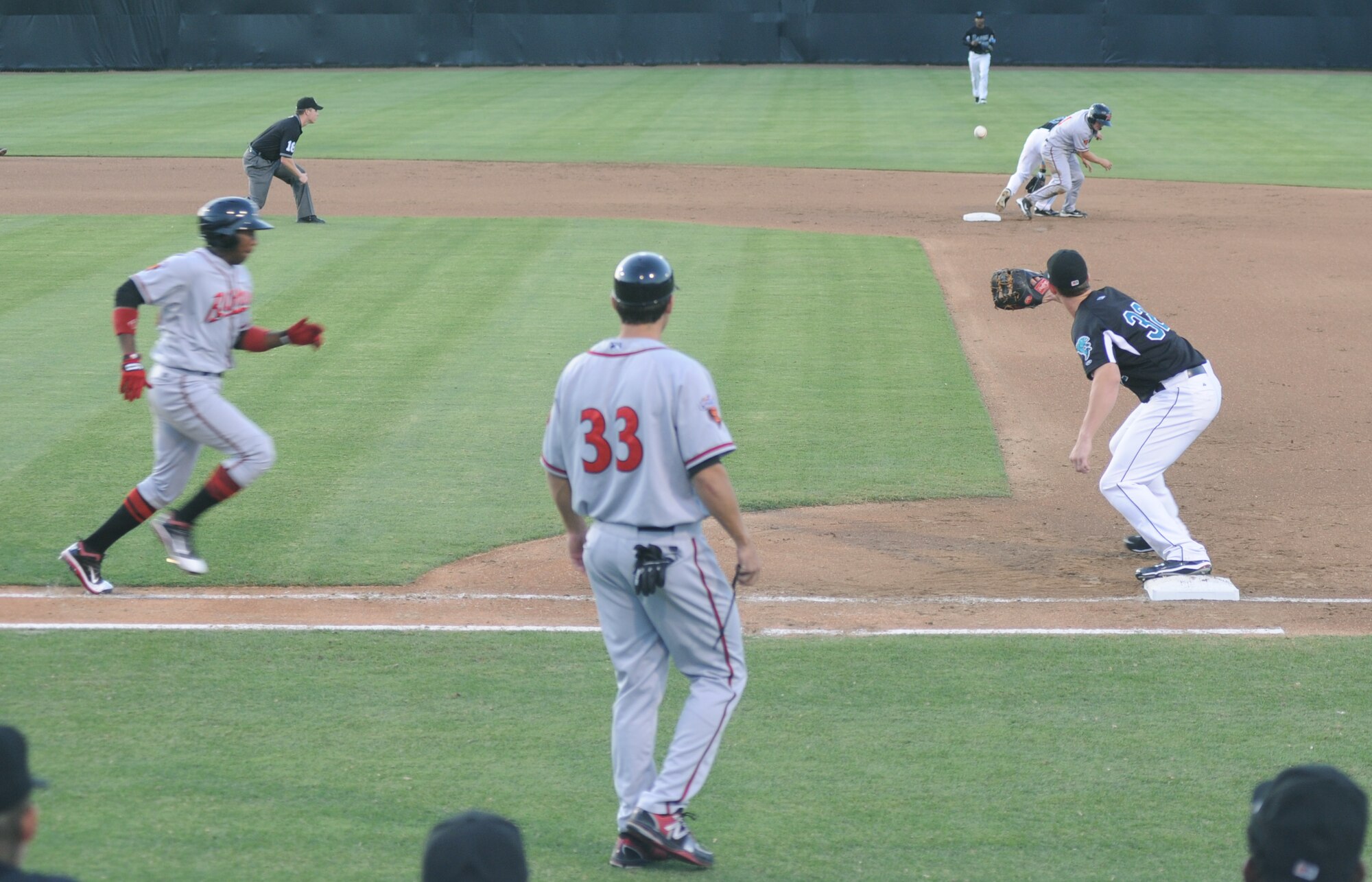 Joe Mahoney, first baseman for the Bowie Baysox catches the ball to complete a double play at the Andrews Night July 15.  The Baysox lost to the Richmond Flying Squirrels, 2-4. (U.S. Air FOrce Photo by Senior Airman Torey Griffith)