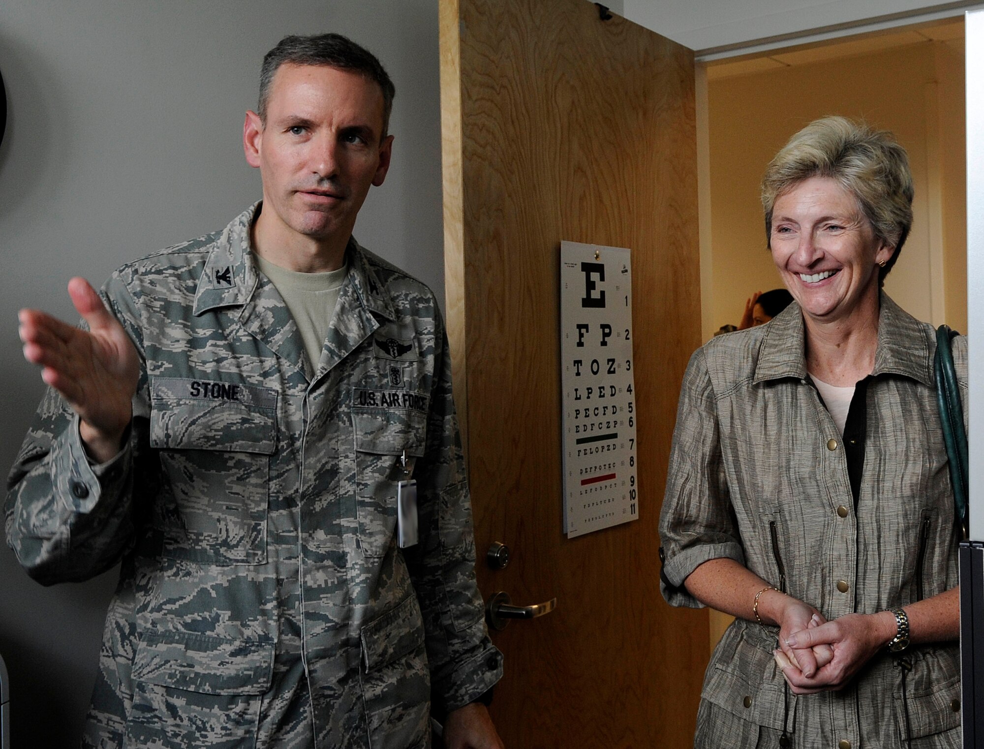 Col. Eric Stone, 633rd Medical Group commander, gives Dr. Jo Ann Rooney, Principal Under Secretary of Defense for Personnel and Readiness, a tour of the new hospital during a visit to Langley Air Force Base, Va., July 12, 2011. Dr. Rooney is the deputy senior policy advisor to the Secretary of Defense on recruitment, career development, pay and benefits for active duty military personnel, Guard and Reserve, DoD civilians and is responsible for overseeing the overall state of military readiness.. (U.S. Air Force photo by Staff Sgt. Dana Hill/Released) 