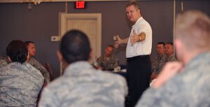 Chief Master Sgt. of the Air Force (ret.) Gerald R. Murray speaks to Airmen at the Langley Club July 15, 2011.  Chief Murray spoke with approximately 70 Airman during breakfast and answered their questions about current events affecting the Air Force.  (U.S. Air Force photo/Staff Sgt. Logan Tuttle RELEASED)