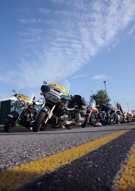A group of Patriot Guard motorcycles await their riders at the Joint Base Andrews Motorcycle Safety Day on July 15.  Servicemembers from all branches, civilian DoD employees and civilians were invited to the event which focused on promoting safe riding during the peak season.