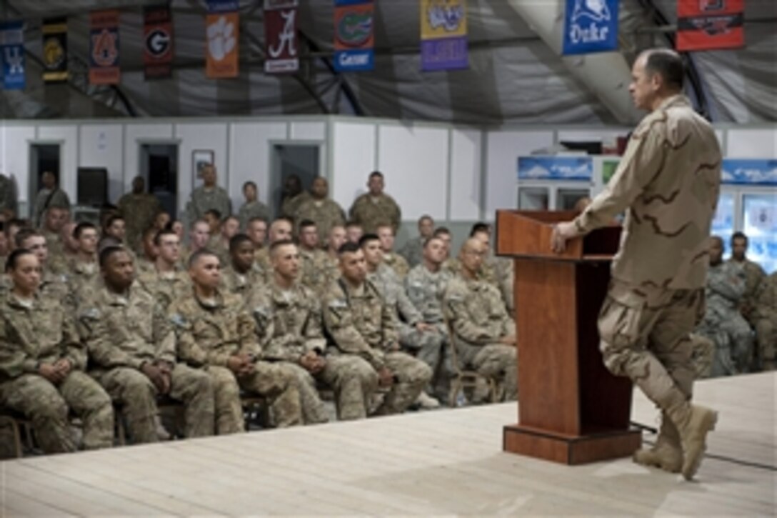 U.S. Navy Adm. Mike Mullen, chairman of the Joint Chiefs of Staff, addresses soldiers assigned to the 1st Cavalry Division at Camp Marmal, Mazar-e-Sharif, Afghanistan, July 17, 2011. Mullen's trip continues with a stop in Afghanistan to visit with leadership and attend the International Security Assistance Force change-of-command ceremony in Kabul, Afghanistan.