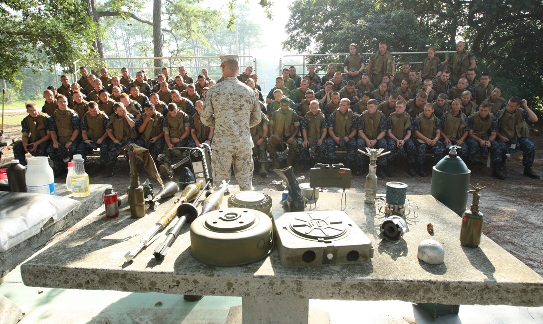 Midshipmen were introduced to mine warfare, improvised explosive devices and the tools that Marines use to mitigate or remove damage during the Marine phase of the Career Orientation and Training for Midshipmen program, at Combat Engineer Instruction Company’s training grounds aboard Marine Corps Base Camp Lejeune, July 18. The midshipmen were also given a chance to ride in amphibious assault vehicles, ospreys and helicopters. (Official U.S. Marine Corps photo by Pfc. Nik S. Phongsisattanak)