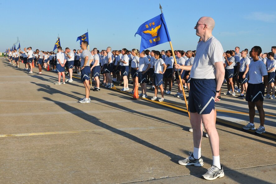 KUNSAN AIR BASE, Republic of Korea -- Members of the 8th Fighter Wing stand at ease after participating in a warrior run here July 19. The mission of the 8th FW is to defend the base, accept follow-on forces and take the fight north. (U.S. Air Force photo/Senior Airman Brittany Y. Bateman)
