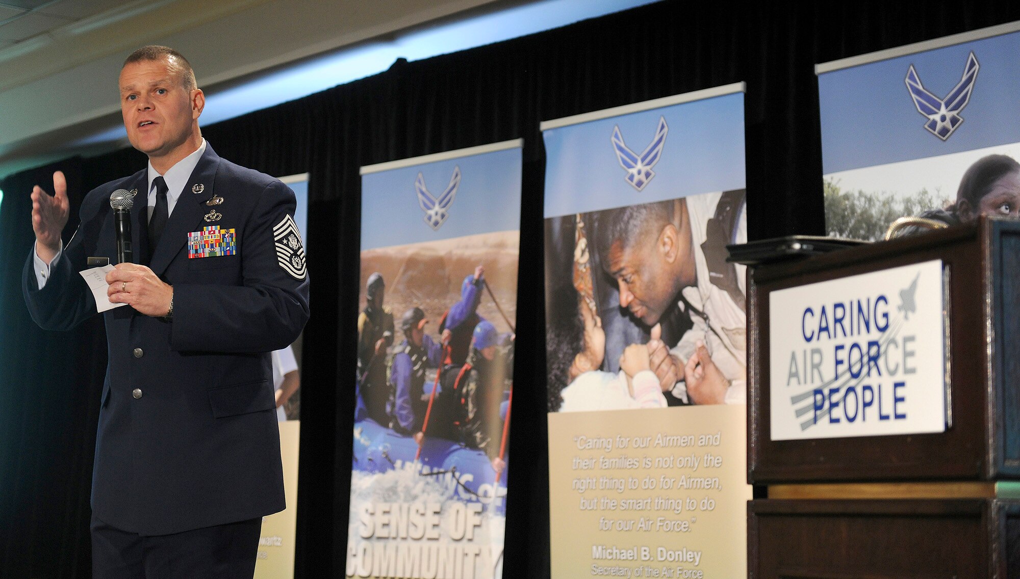 Chief Master Sgt. of the Air Force James A. Roy speaks to attendees at the Caring for People forum July 19, 2011, in Arlington, Va. More than 250 Air Force members and support professionals gathered for the three-day forum. (U.S. Air Force photo/Scott M. Ash)