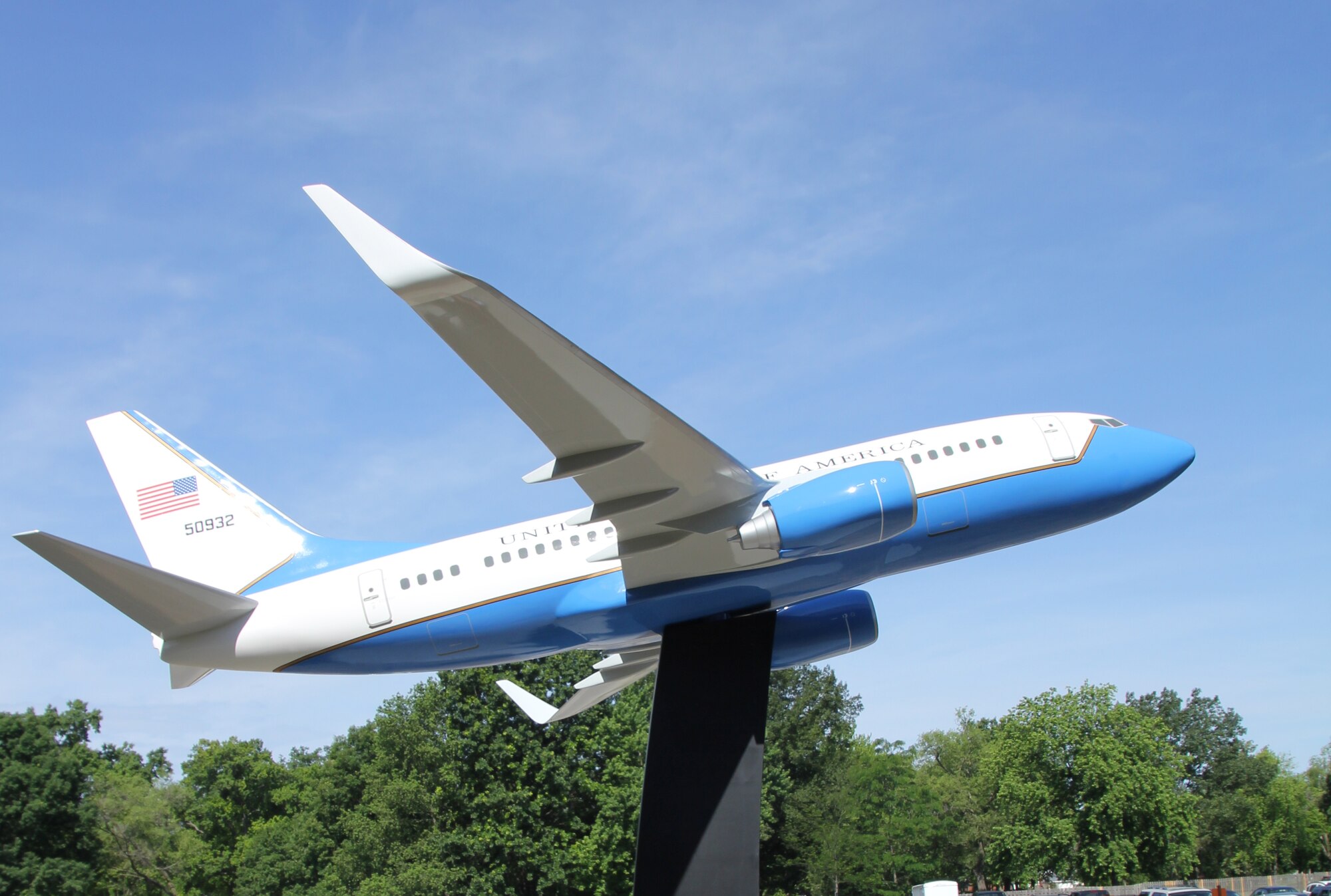A scale model C-40 rests on its perch outside the 932nd Operations  Group building.  The model has  a 16-foot wing span and weighs  250 pounds.  The project took more than a year to design, procure and deliver to the 932nd Airlift Wing. The 932nd AW provides first-class airlift for congressional and military leaders. (U.S. Air Force photo/Maj. Stan Paregien. 