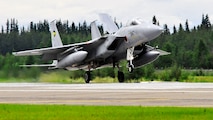An F-15 Eagle lands after a sortie July 15, 2011, Eielson Air Force Base, Alaska.  The F-15 flew a variety of tactics and missions in concert with other participating aircraft throughout the exercise.  The F-15 Eagle belongs to the Japan Air Self Defense Force. (U.S. Air Force photo by/Staff Sgt. Miguel Lara)