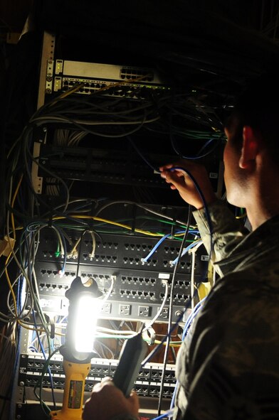 Senior Airman Lucas Payne, 2nd Communications Squadron, patches a switch and activates an internet port on Barksdale Air Force Base, La., July 19. Due to port security, which prevents different computers to be switched between different internet ports, the Airmen of the Communications Focal Point are routinely called out to re-activate ports after office relocations or personnel changes. (U.S Air Force photo/Senior Airman Joanna M. Kresge)
