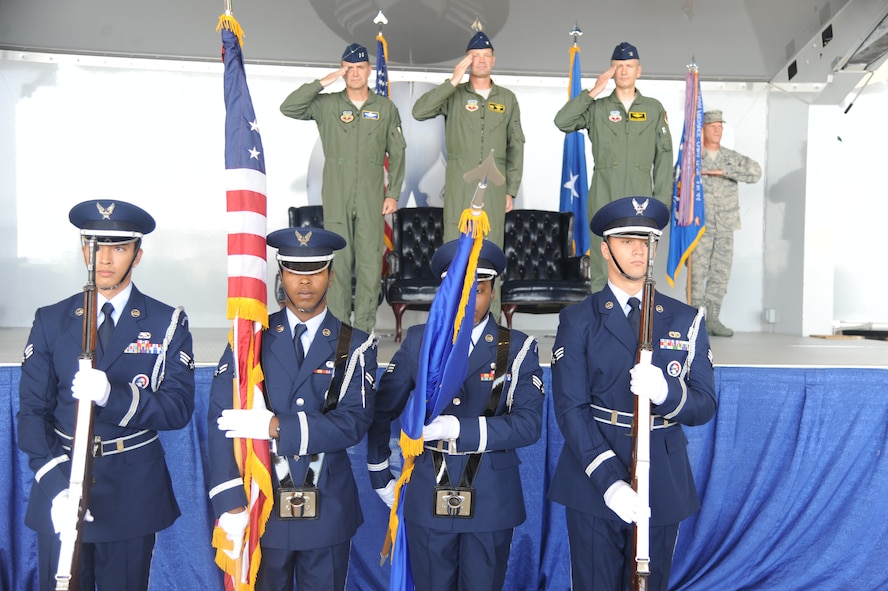 The Moody Air Force Base Honor Guard presents the colors during the 23rd Wing change of command July 19, 2011. During the ceremony, U.S. Air Force Col. Gary Henderson relinquished command of the wing to Col. Billy Thompson. Maj. Gen. Stephen Hoog, 9th Air Force commander, presiding over the event. (U.S Air Force photo by Airman 1st Class Paul Francis/Released)