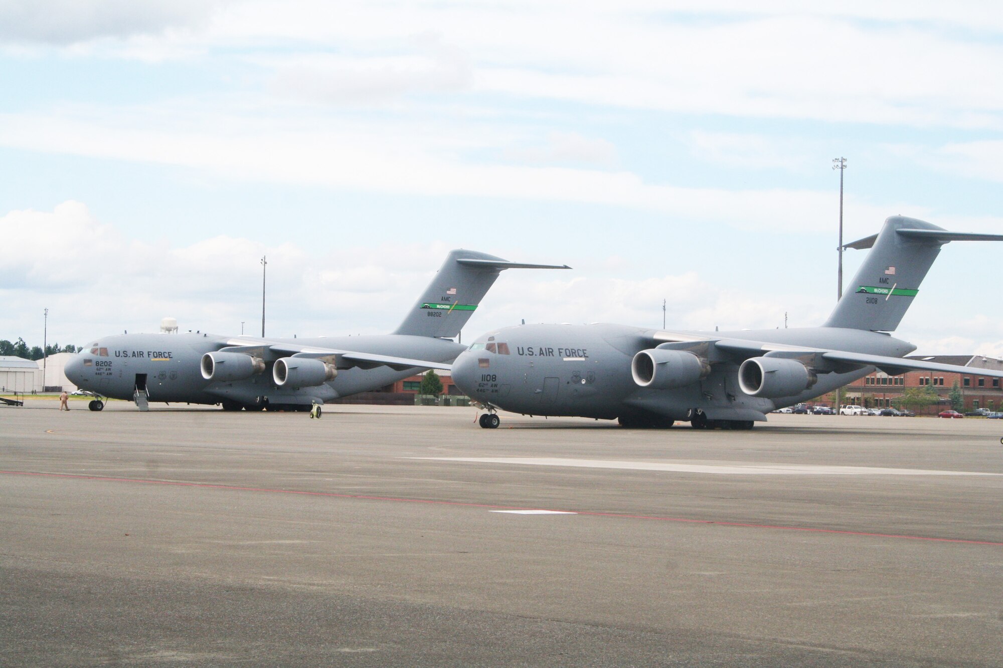 C-17 Globemaster III aircraft from the 62nd Airlift Wing at Joint Base Lewis-McChord, Wash., are parked on the flightline at the base on July 18, 2011. The C-17 is one of the aircraft that will be used for Air Mobility Rodeo 2011. Rodeo, sponsored by the Air Mobility Command, is the Mobility Air Force's (MAF) readiness competition. This competition focuses on improving our worldwide air mobility forces' professional core abilities. Air Mobility 2011 will be held at McChord Field, Wash., July 24-29, 2011. More than 150 teams and 3,000 people from the Air Force, and Air Force Reserve, as well as allied nations, are expected to participate. (U.S. Air Force Photo/Master Sgt. Scott T. Sturkol)
