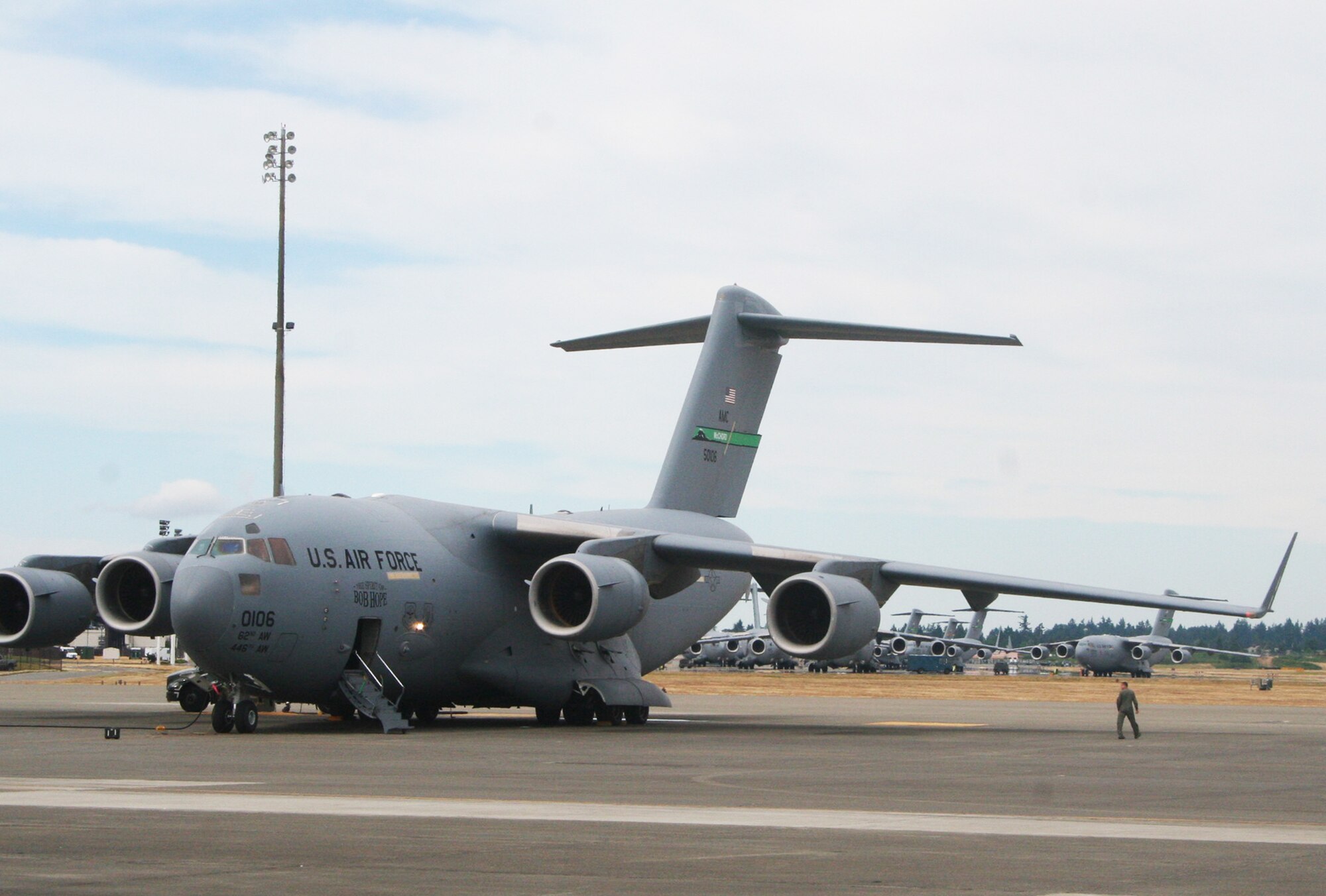 A C-17 Globemaster III from the 62nd Airlift Wing at Joint Base Lewis-McChord, Wash., is parked on the flightline at the base on July 18, 2011. The C-17 is one of the aircraft that will be used for Air Mobility Rodeo 2011. Rodeo, sponsored by the Air Mobility Command, is the Mobility Air Force's (MAF) readiness competition. This competition focuses on improving our worldwide air mobility forces' professional core abilities. Air Mobility 2011 will be held at McChord Field, Wash., July 24-29, 2011. More than 150 teams and 3,000 people from the Air Force, and Air Force Reserve, as well as allied nations, are expected to participate. (U.S. Air Force Photo/Master Sgt. Scott T. Sturkol)
