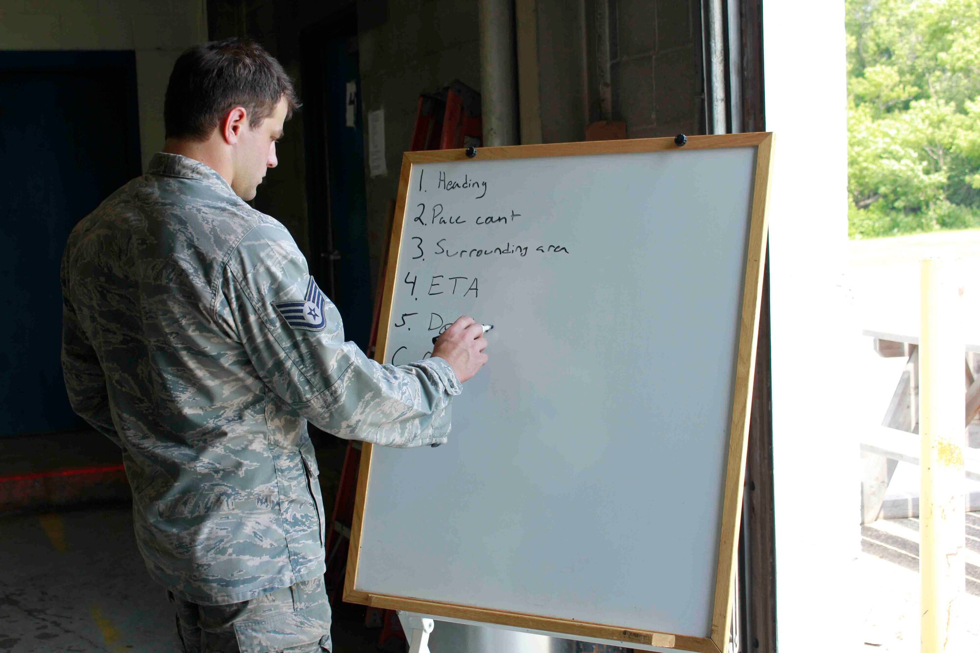 Staff Sgt. Scott Perlick, SERE (Survival, Evasion, Resistance and Escape)
Instructor, prepares a briefing before Security Forces personnel go into the field. (Air Force Photo/Master Sgt. Nicollette Shegstad)
