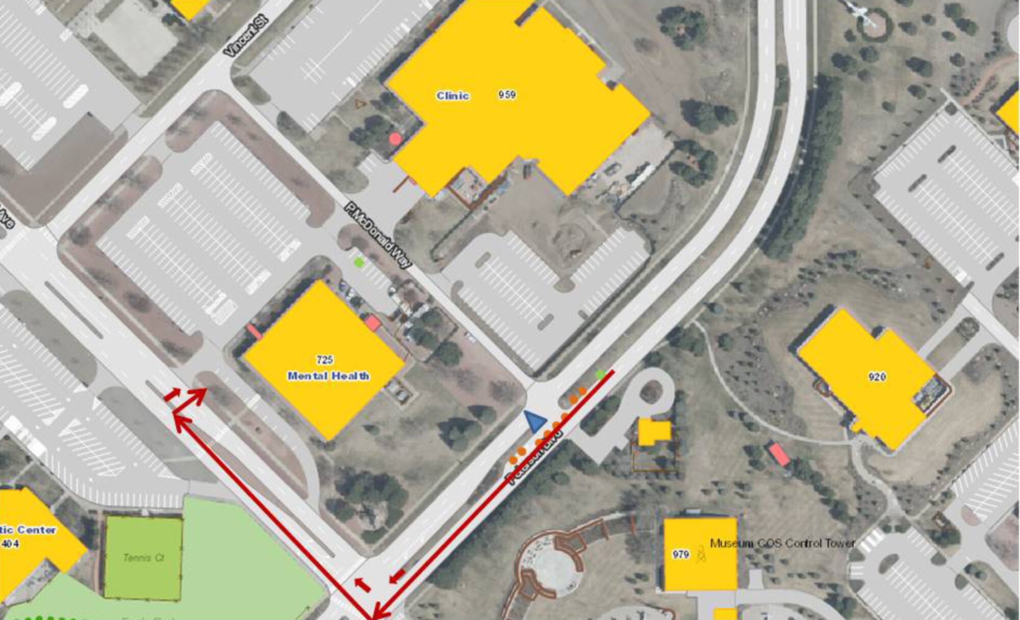 PETERSON AIR FORCE BASE, Colo.–The 21st Civil Engineer Squadron will be performing road repairs at the entrance to P. McDonald Way from Aug. 3-7, 2011. This will affect traffic entering the 21st Medical Group clinic parking lot. Detour signs will be posted for alternate routes to clinic parking. (Courtesy graphic)