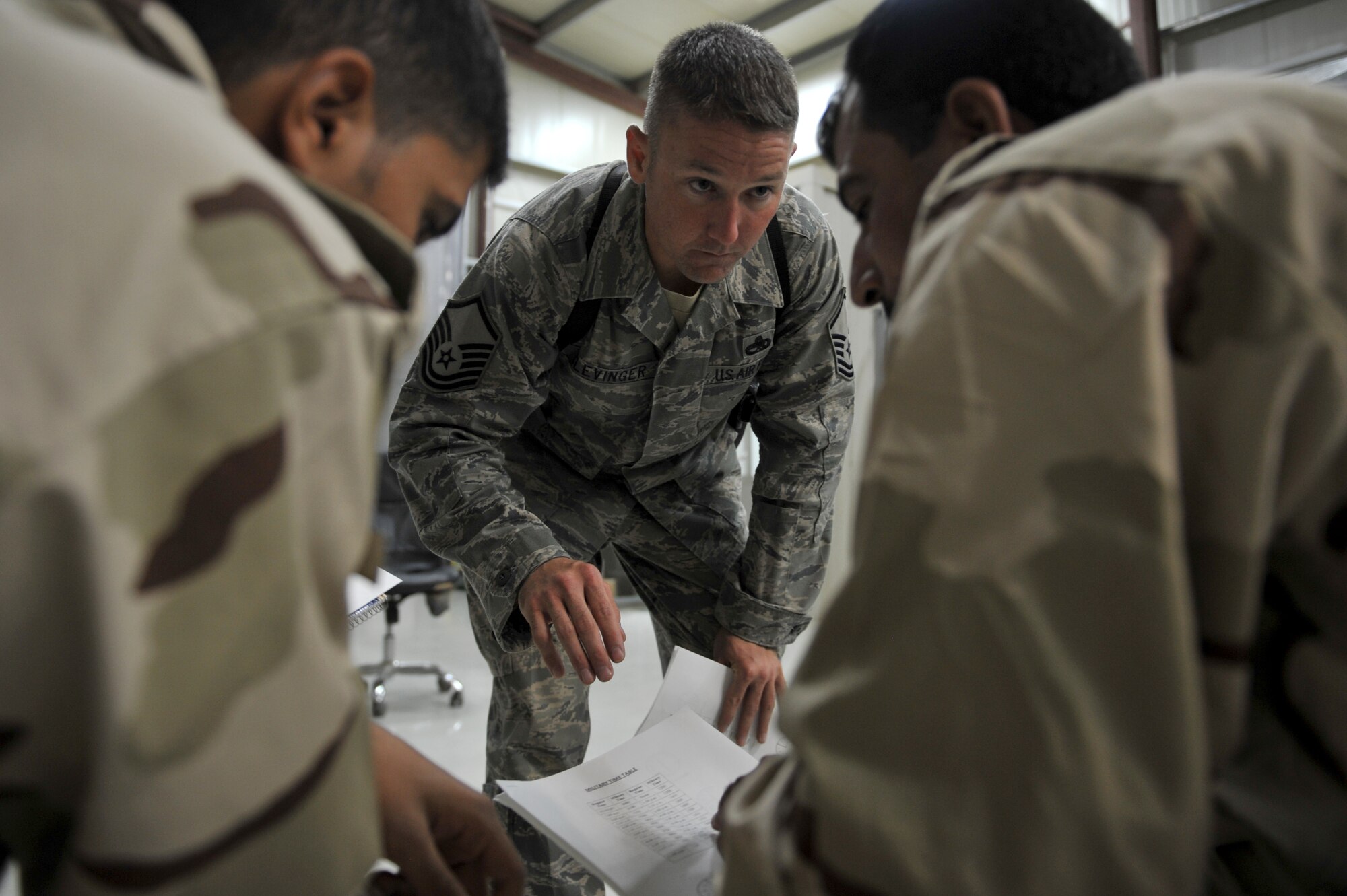 Master Sgt. Vince Clevinger (center), 721st Air Expeditionary Advisory Squadron, avionics air advisor, interacts with Iraqi Army Aviation Command students during a Technical English tutoring class, Taji Air Base, Iraq, July 13, 2011. Since beginning on June 20th the class has instructed more than 50 Iraqis on basic english, focusing on Iraqi identified needs such as general conversation and technical terms used at work. The 721st AEAS trains, advises and assists Iraqi pilots and maintenance personnel, focusing on sustainability, reliability and interoperability. Clevinger serves as an avionics flight chief at his home unit, the 58th Aircraft Maintenance Squadron, Kirtland Air Force Base, N.M. (U.S. Air Force photo/Staff Sgt. Mike Meares)


