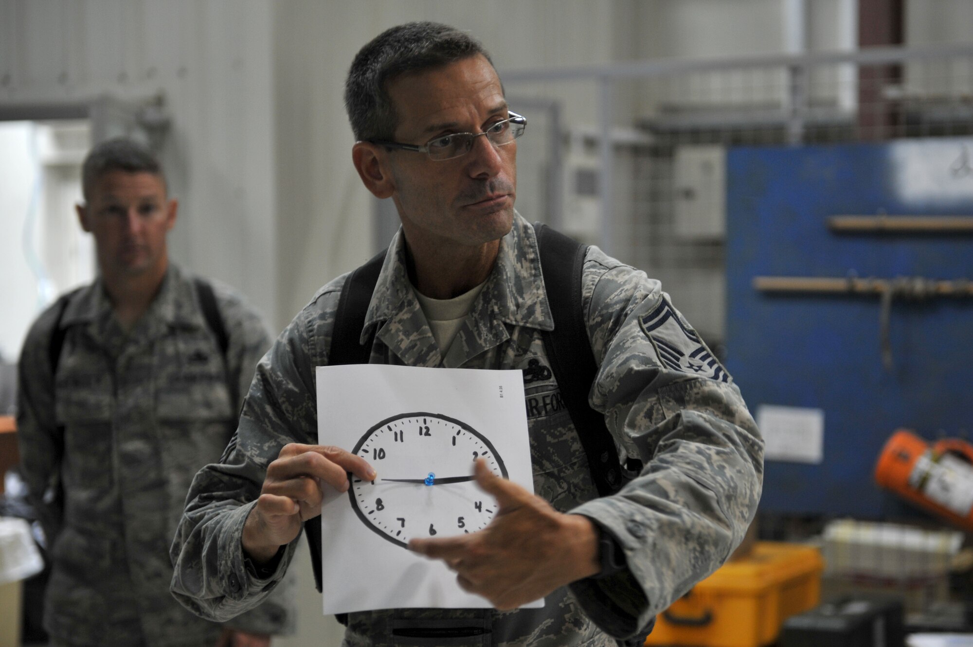 Senior Master Sgt. Jeff Dent, 721st Air Expeditionary Advisory Squadron, maintenance superintendent, conducts the Technical English Tutoring Class, Taji Air Base, Iraq, July 13, 2011. Since beginning on June 20th the class has instructed more than 50 Iraqis on basic english, focusing on Iraqi identified needs such as general conversation and technical terms used at work. The 721st AEAS trains, advises and assists Iraqi pilots and maintenance personnel, focusing on sustainability, reliability and interoperability. (U.S. Air Force photo/Staff Sgt. Mike Meares)

