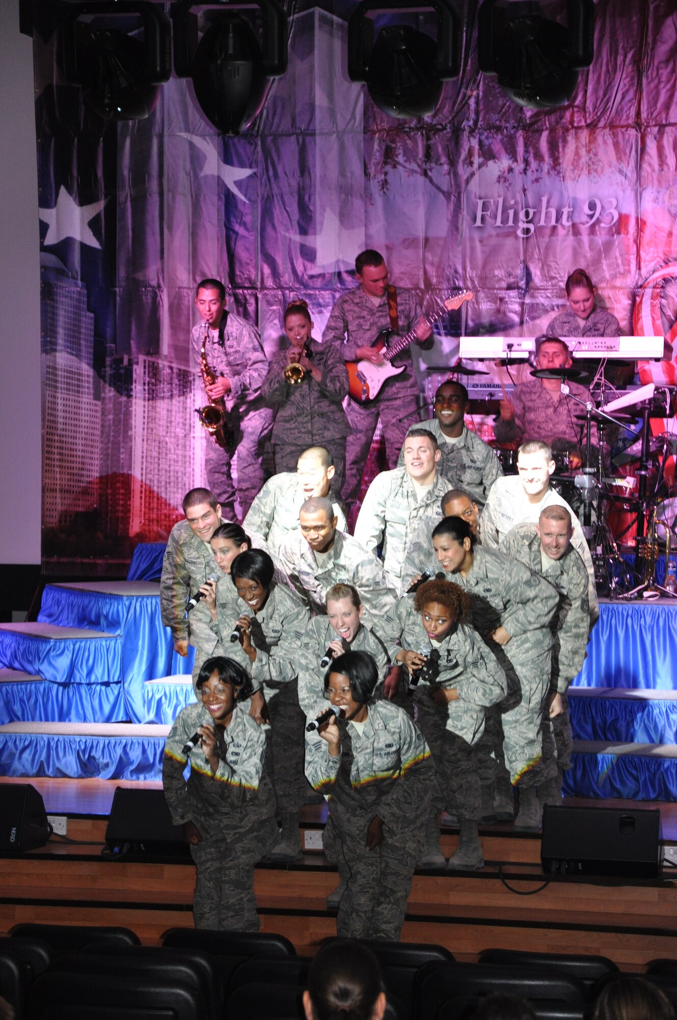 The Air Force’s Tops in Blue performed their 2011 “Rhythm Nation“ show July 19 at an undisclosed location in Southwest Asia. During the few days the group will be in the Area of Responsibility, they will host more than a half dozen performances. Tops in Blue is one of the oldest and most widely traveled entertainment groups of its kind. Composed of 35 to 40 of the most talented vocalists, musicians, dancers and technicians anywhere, their primary purpose is to perform for military personnel and their families throughout the world. This year’s tour will take them throughout the Unites States and to more than 20 countries, with close to 140 performances over a 10-month period.  (U.S. Air Force photos by Senior Airman Rachelle Elsea)