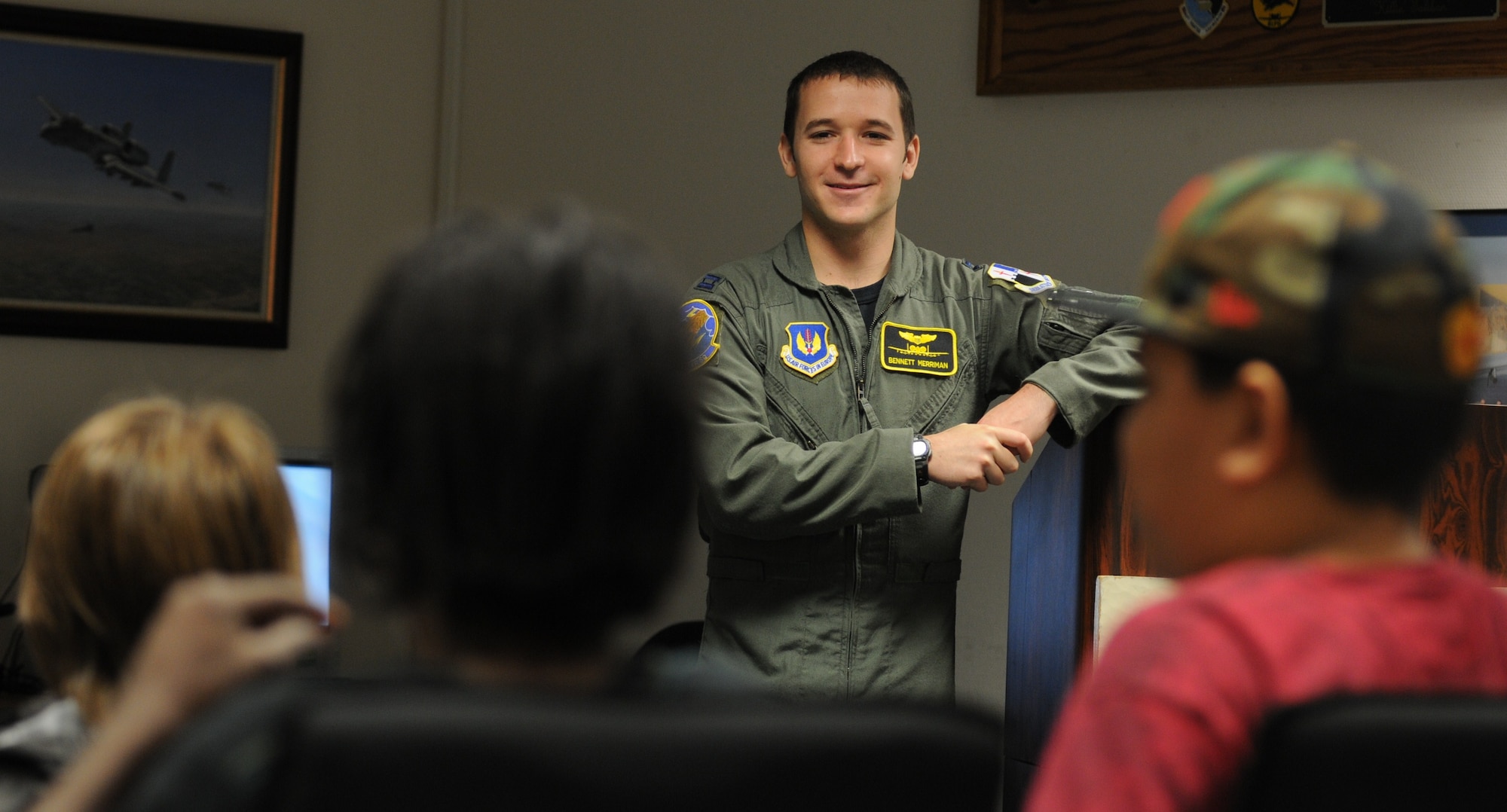 SPANGDAHLEM AIR BASE, Germany – Capt. Bennett Merriman, 81st Fighter Squadron A-10 Thunderbolt II pilot, speaks to 9 to 13-year-old children during the youth and teen center’s Aerospace Training Camp here July 13 about what it’s like to be a fighter pilot in the Air Force. The camp focused on general information in regards to military aircraft and possible careers in aerospace. (U.S. Air Force photo/Senior Airman Nick Wilson)