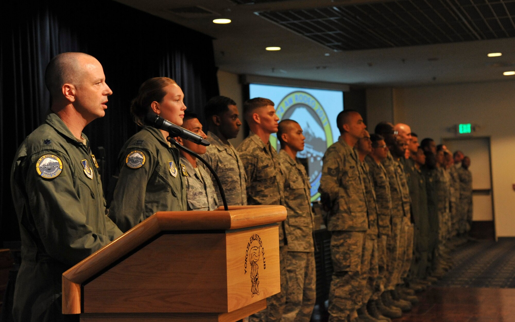YOKOTA AIR BASE, Japan -- Lt. Col. David Nardozzi, 374th Airlift Wing Rodeo team chief, announces the team members participating in the 2011 Air Mobility Command Rodeo competition during a farewell send off July 15, 2011, at Yokota Air Base, Japan. The event takes place July 23-29 at Joint Base Lewis-McChord, Wash., and will showcase each team's readiness and ability to perform critical wartime skills including aircrew operations, combat mobility, maintenance and security forces operations. (U.S. Air Force photo/Senior Airman Andrea Salazar)