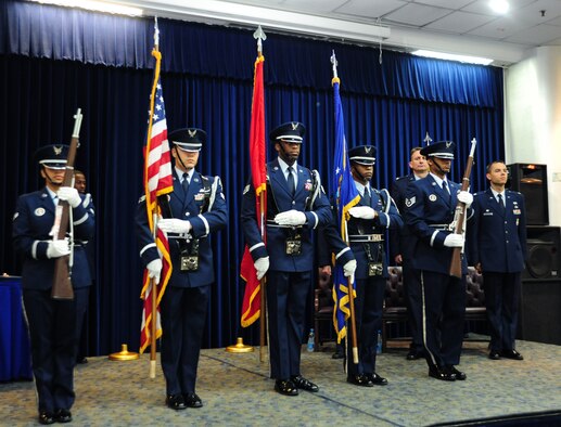 The 39th Air Base Wing Honor Guard posts the colors during the 39th Security Forces Squadron change-of-command ceremony July 18, 2011, at Incirlik Air Base, Turkey. Members of the 39th SFS bid farewell to Lt. Col. Glen Christensen and welcomed Lt. Col. Brint Woodruff as their new squadron commander. (U.S. Air Force photo by Senior Airman Anthony Sanchelli/Released)