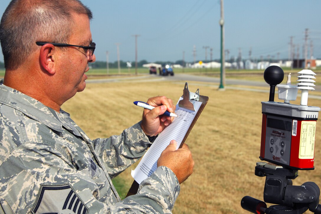 MSgt Lloyd Miller takes a Wet Bulb Globe Temperature reading July 20, 2011, at Selfridge Air National Guard Base, Mich.  The thermometer device has a computer designed to find the Wet Bulb Globe Temperature, which measures not just temperature, but overall physical stress created by weather conditions. The computer takes into account things like humidity, wind speed and radiant heat exposure. Sergeant Miller is a bioenvironmental engineer with the 127th Wing.