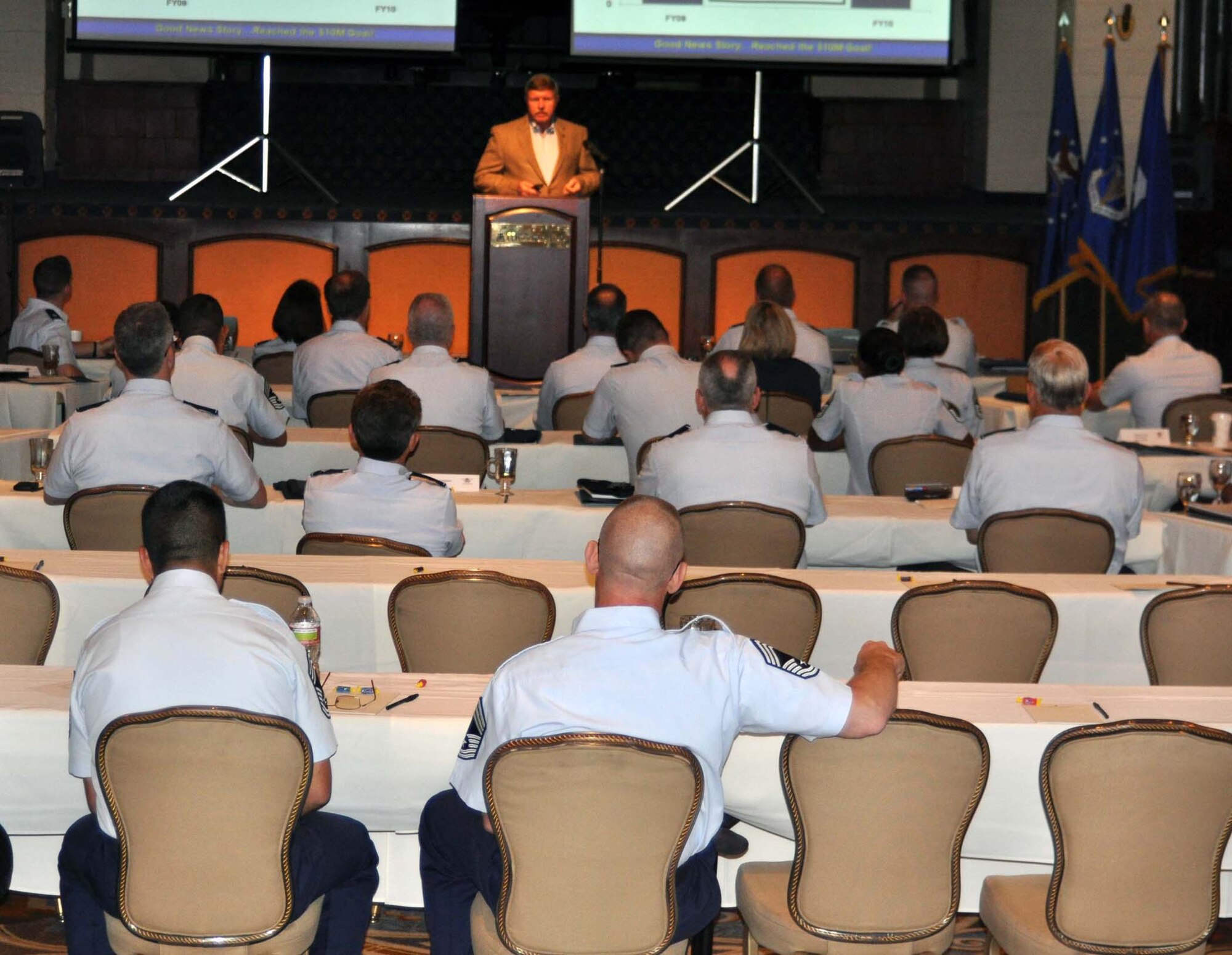 Fourth Air Force leaders listen to a briefing presented by Mr. Edward S. Jones, Comptroller and Director of Financial Management, Air Force Reserve Command, Robins Air Force Base, Ga., during the annual 4th Air Force Senior Leader's Conference at the Mission Inn in Riverside, Calif, July 20, 2011. The two-day conference is held to provide 4th Air Force leaders with the latest information on developments that affect 4th Air Force organizations. (U.S. Air Force photo/1st Lt. Zach Anderson)