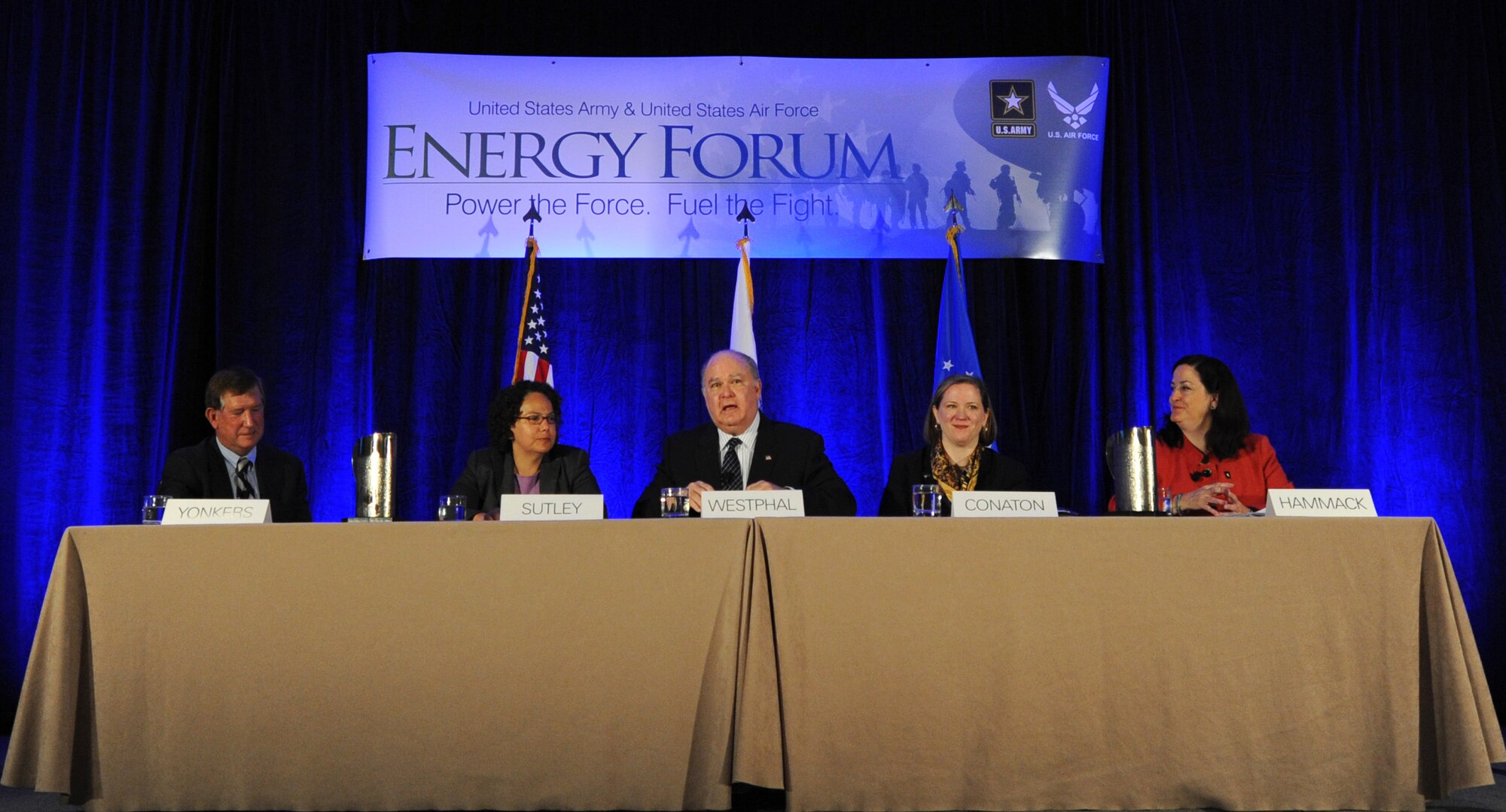 (From left) Assistant Secretary of the Air Force for Installations, Environment and Logistics Terry Yonkers; Nancy Sutley, Council on Environmental Quality;  Under Secretary of the Army (Dr.) Joseph Westphal; Under Secretary of the Air Force Erin Conaton and Assistant Secretary of the Army for Installations, Energy and Environment Katherine Hammack sit on a panel together during the Army-Air Force Energy Forum, July 19, 2011, in Arlington, Va.  The forum provided an opportunity for attendees to hear the views of and interact with senior leadership from the Department of Defense, federal agencies, Congress and industry regarding the strategic importance and future direction of Army and Air Force energy. (U.S. Air Force photo/Staff Sgt. Tiffany Trojca) 