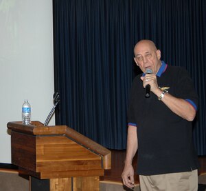 MOUNTAIN HOME AIR FORCE BASE, Idaho – Retired Navy Capt. Roy Cash speaks to members of the Gunfighter community here July 8. The event was held at the Gunfighter Club and hosted by the Protestant community of Liberty Chapel. (U.S. Air Force photo by Senior Airman Benjamin Sutton)