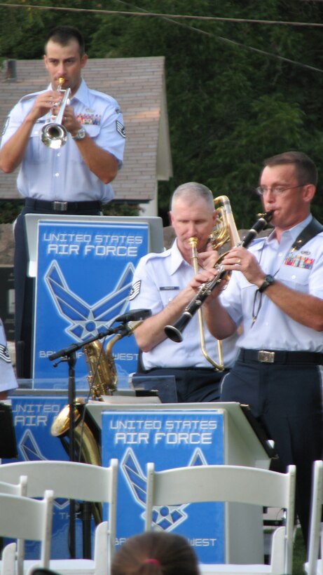 SSgt Dave Evans, TSgt John Pranter and TSgt Ken Drefke perform with Dimensions in Blue in Fredericksburg, TX on July 8, 2011