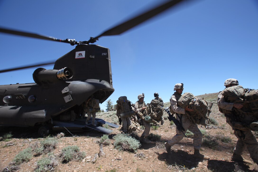 Marines of 2nd Battalion, 24th Marine Regiment, arrive at Landing Zone Sparrow, July 20. The Marines are transitioning from the Hawthorne Army Ammunition Depot in Nevada, to the MWTC to complete Javelin Thrust.