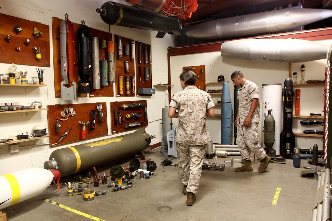 Camp Pendleton's base Explosive Ordnance Disposal building houses four rooms of wall-to-wall weapons, bombs, mines, mortars, and rounds all ranging from World War I for visitors to view and learn about. The "hands-on library" also serves as a training location for the unit to practice dasarming explosives and learn about other military ordnance.