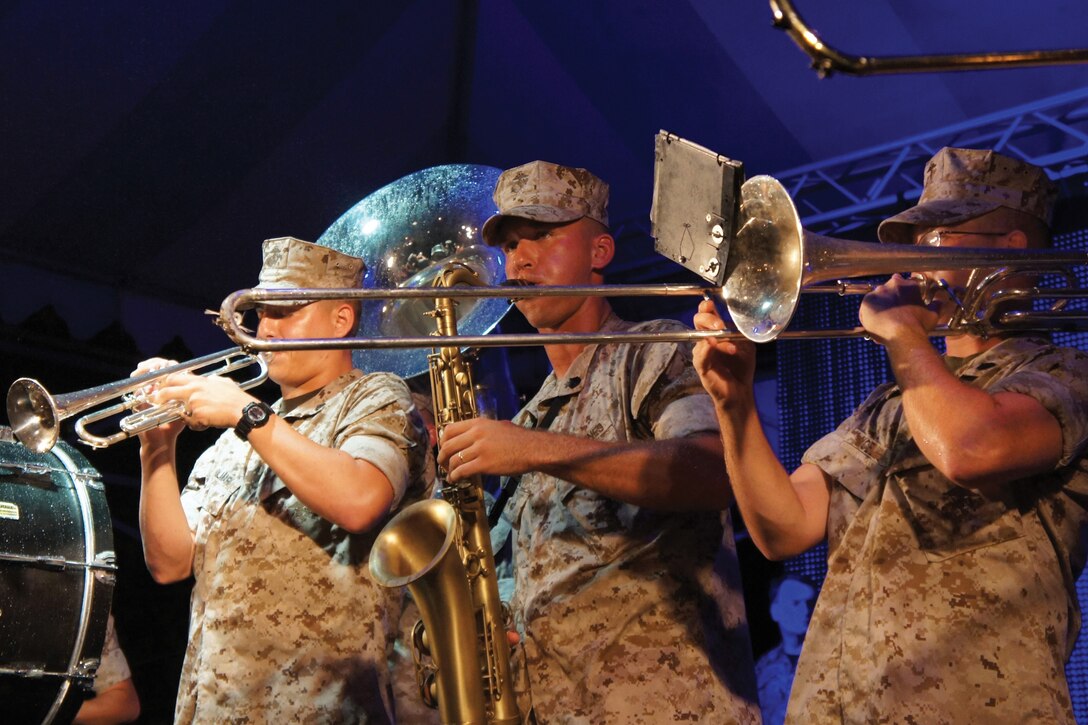 Members of the brass section with the III MEF Band perform at Guam’s 67th Liberation Day Celebration in Hagatna, Guam, July 21.