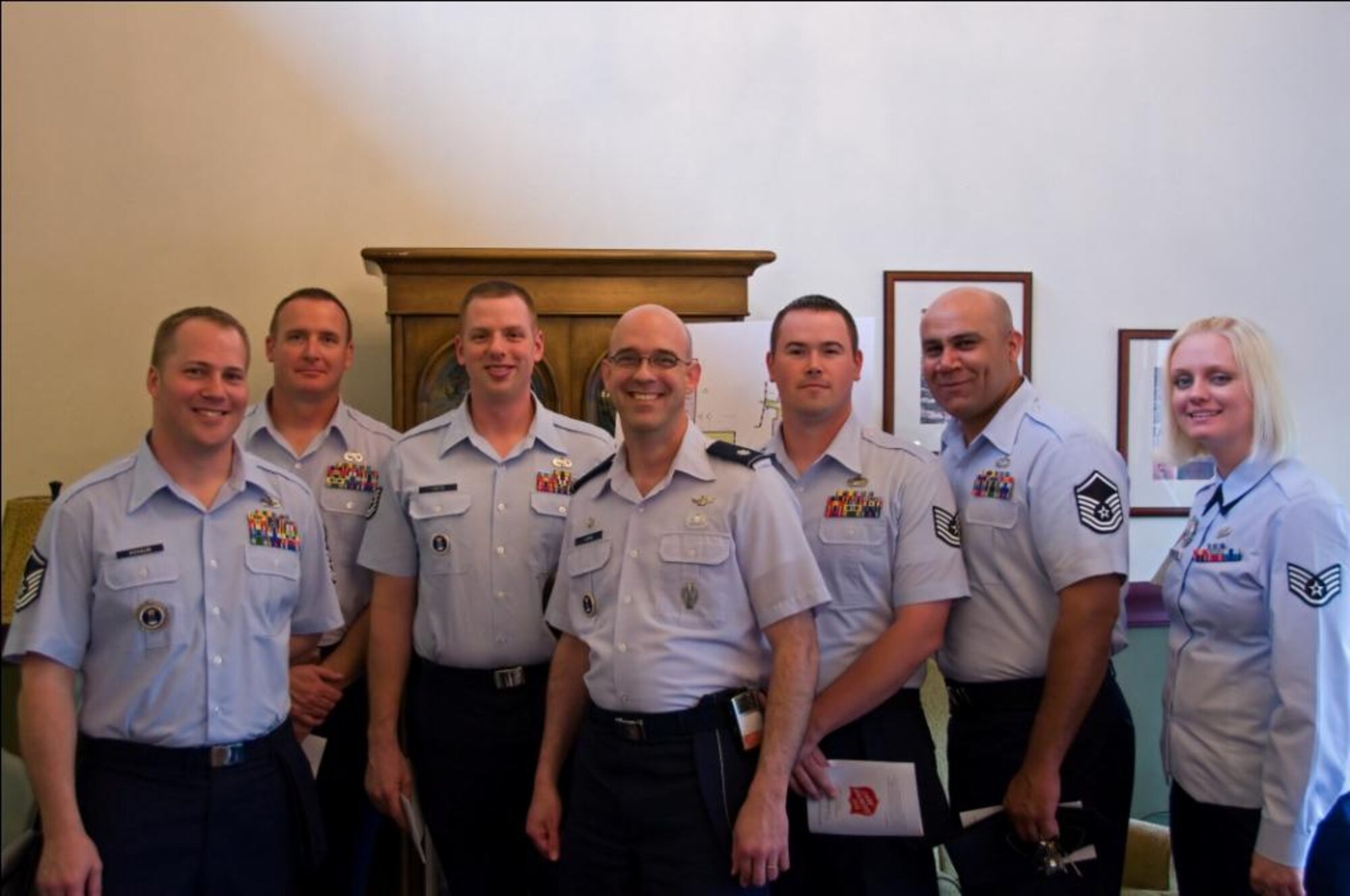 (left to right) Master Sgt. Ben Schaub, Master Sgt. Tim Harrison, Tech. Sgt. Jeremy Tietz, Lt. Col. Steve Lang, Tech. Sgt. Chris Dowlearn, Master Sgt. Paul Clay, and Staff Sgt. Illya Crawford attended the veteran’s homeless shelter ribbon cutting June 22. The 361st Recruiting Squadron members volunteered their time painting and completing minor repairs for the new facility in Beaverton, Ore. (U.S. Air Force photo/courtesy photo)