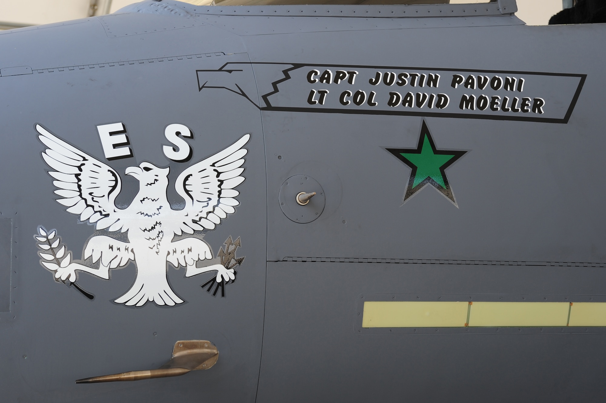 SEYMOUR JOHNSON AIR FORCE BASE, N.C. – The F-15E Strike Eagle 335th Fighter Squadron flagship, displays the Eagle Squadron patch, a green star and the name of the squadron commander, Lt. Col. David Moeller, here July 19, 2011. The Eagle Squadron patch was used by American volunteers who flew for Great Britain in World War II and the green star stands for an air-to-air kill, the only one currently held by an F-15E Strike Eagle.(U.S. Air Force photo by Senior Airman Rae Perry/RELEASED)