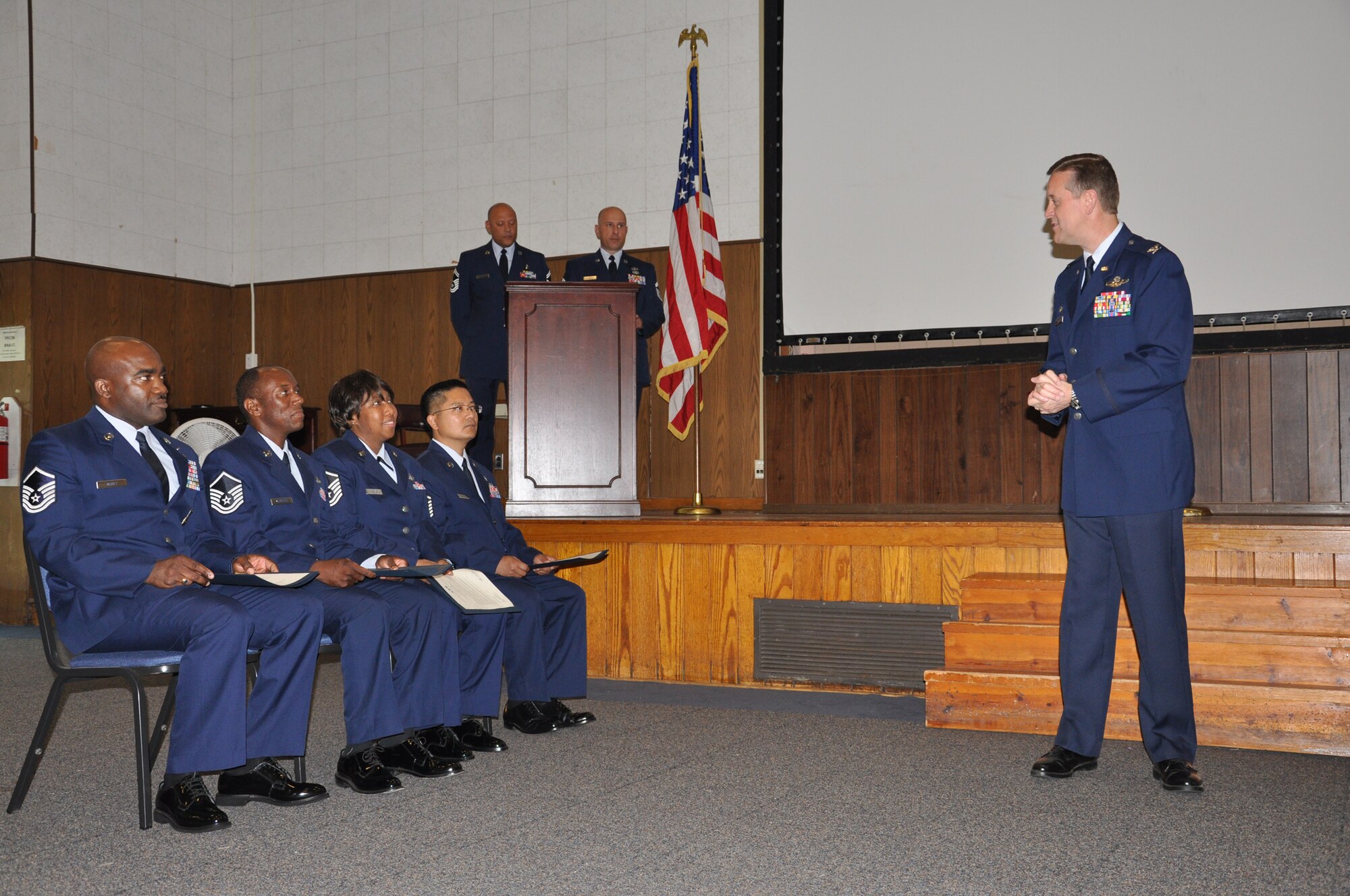 JOINT BASE ANDREWS, Md. -- Enlisted Reserve Airmen from the 459th Air Refueling Wing newly promoted to the ranks of Staff Sergeant and Master Sergeant were formally recognized at an inaugural senior non-commissioned officer and non-commissioned officer induction ceremony here July 17, 2011. (U.S. Air Force photo/Senior Airman Amber Russell)