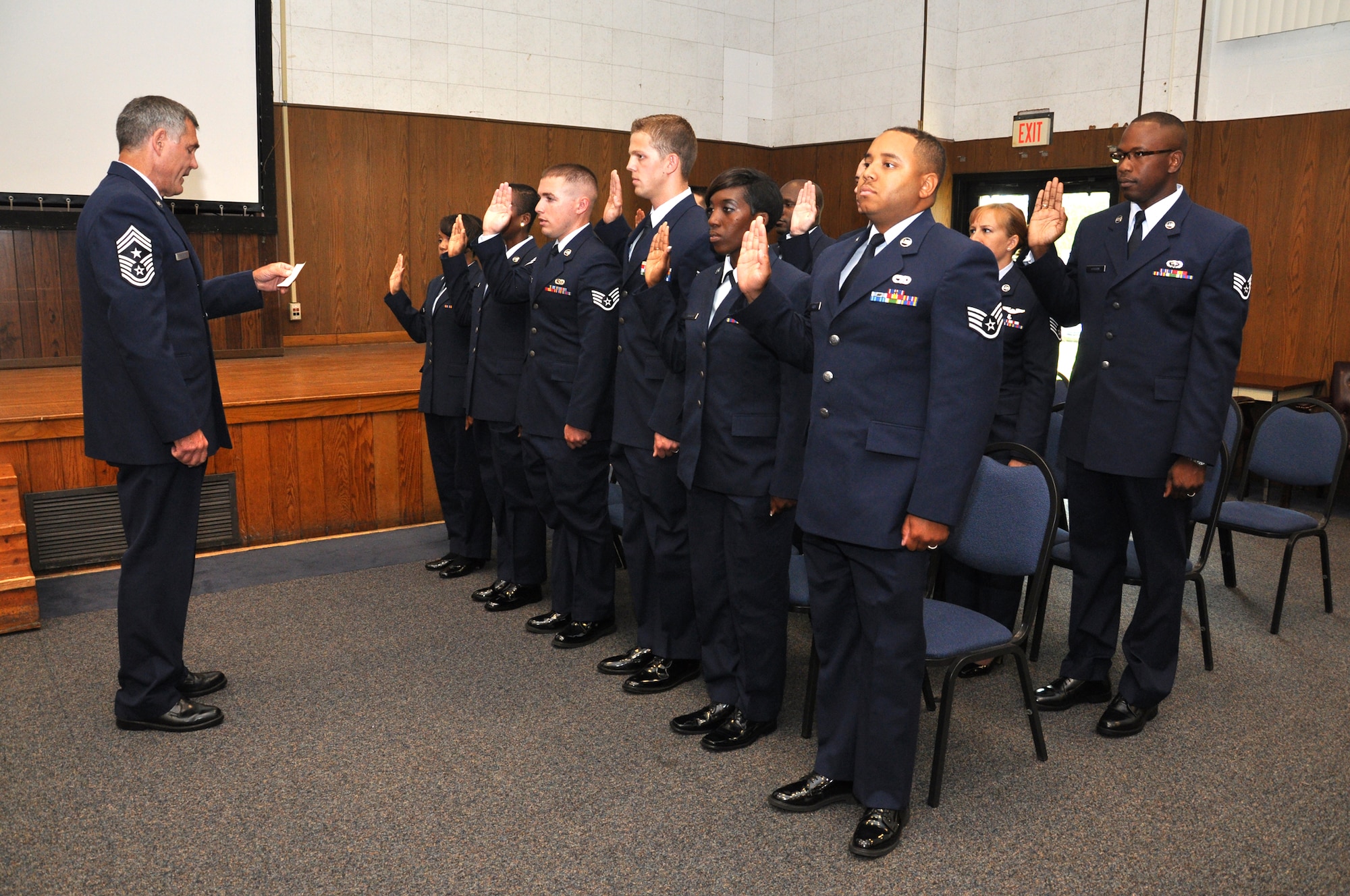 JOINT BASE ANDREWS, Md. -- Enlisted Reserve Airmen from the 459th Air Refueling Wing newly promoted to the ranks of Staff Sergeant and Master Sergeant were formally recognized at an inaugural senior non-commissioned officer and non-commissioned officer induction ceremony here July 17, 2011. (U.S. Air Force photo/Senior Airman Amber Russell)