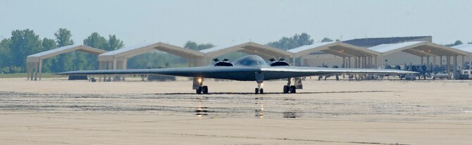 WHITEMAN AIR FORCE BASE, Mo. - A 509th Bomb Wing B-2 Spirit prepares to park July 18 after an orientation flight for Lt. Gen. James M. Kowalski, Air Force Global Strike Command commander. General Kowalski became the 509th person ever to fly in the B-2. (U.S. Air Force photo by Senior Airman Alexandra M. Boutte) (RELEASED)